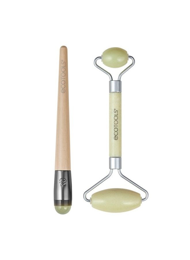 Ecotools - Beauty Skin Care Tool Jade Facial Roller and Eye Roller Duo, Face Roller and Massager, Skincare and Sculpting Tool, Reduces Under Eye Puffiness and Dark Circles, 2 Piece Set - Image 1