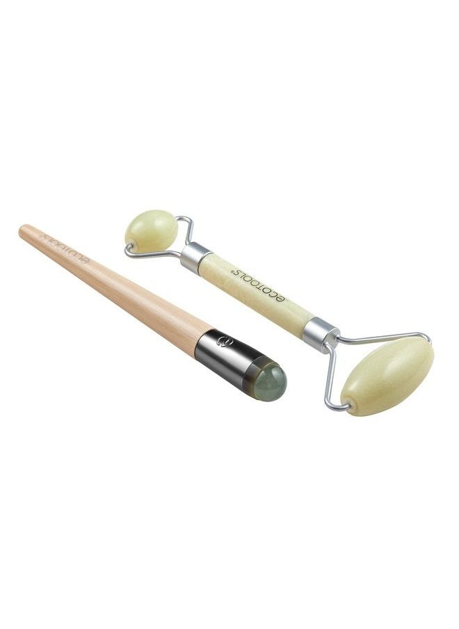 Ecotools - Beauty Skin Care Tool Jade Facial Roller and Eye Roller Duo, Face Roller and Massager, Skincare and Sculpting Tool, Reduces Under Eye Puffiness and Dark Circles, 2 Piece Set - Image 1