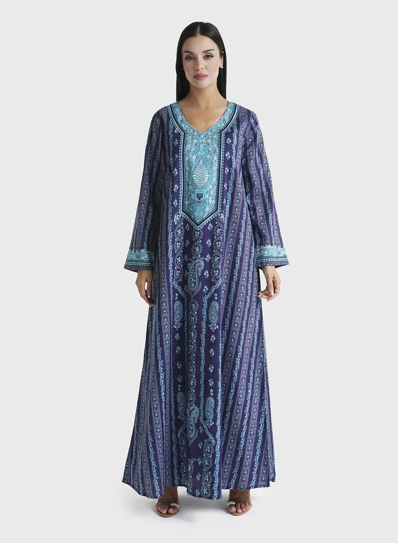 KASHKHA Navy Blue Paisley Printed Cotton Satin Stone Work Jalabiya (VDE205)