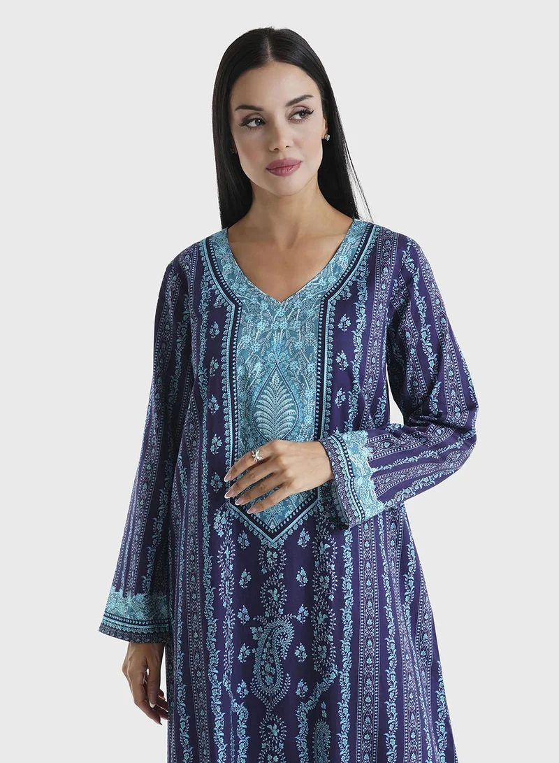 KASHKHA Navy Blue Paisley Printed Cotton Satin Stone Work Jalabiya (VDE205)