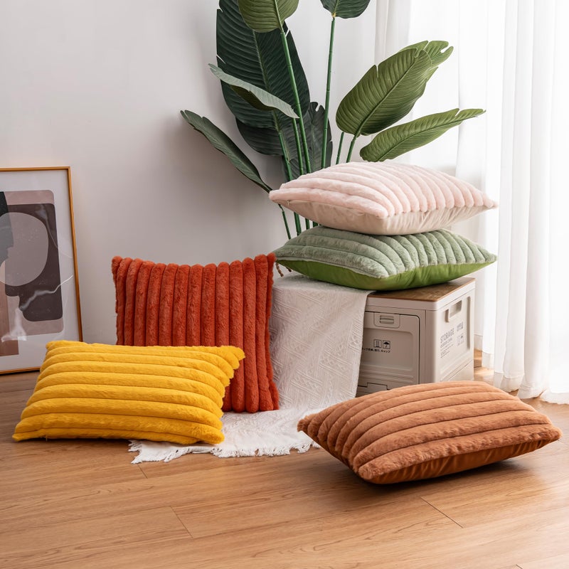 Aegero Pack of 2 Faux Fur Christmas Throw Pillow Covers 18x18 Inch, Soft Plush Striped Neutral Couch Pillow Cover, with Velvet Back Modern Home Decor for Sofa Living Room Couch Bed Cream White - Image 5