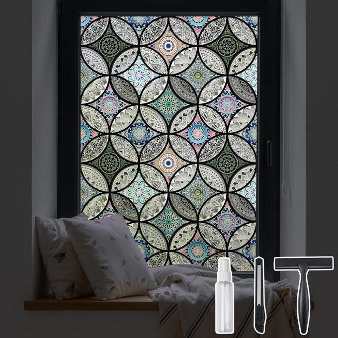 STATIC CLING DECORATIVE WINDOW FILM WITH INSTALLATION TOOLS NON ADHESIVE PRIVACY FILM STAINED GLASS WINDOW FILM FOR BATHROOM SHOWER DOOR HEAT COTROL ANTI UV 354 X 1181 INCH