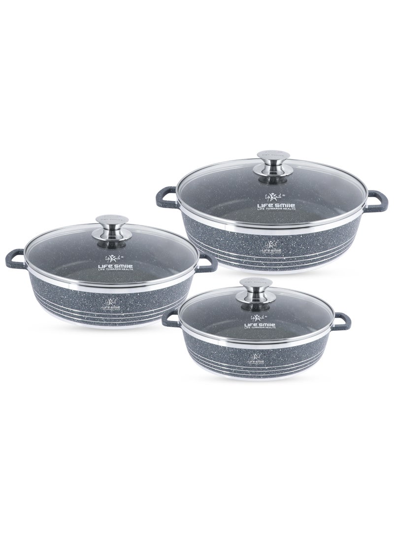 Life Smile Non Stick Cookware Set - Shallow Pots Set with Lid | 24 CM, 28 CM, 32 CM | Non Stick Pans PFOA FREE Granite Coating Frying Pans set | Kitchen Cooking Pots Oven Safe | Double Handles Black  - Image 1