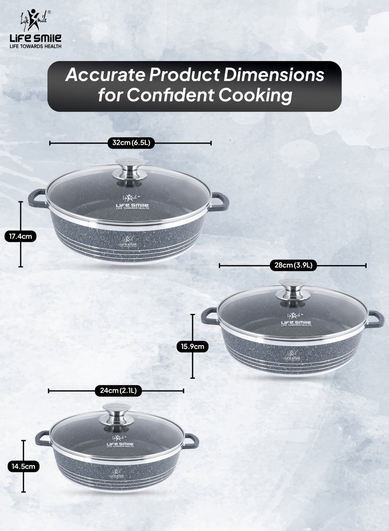 Life Smile Non Stick Cookware Set - Shallow Pots Set with Lid | 24 CM, 28 CM, 32 CM | Non Stick Pans PFOA FREE Granite Coating Frying Pans set | Kitchen Cooking Pots Oven Safe | Double Handles Black  - Image 3