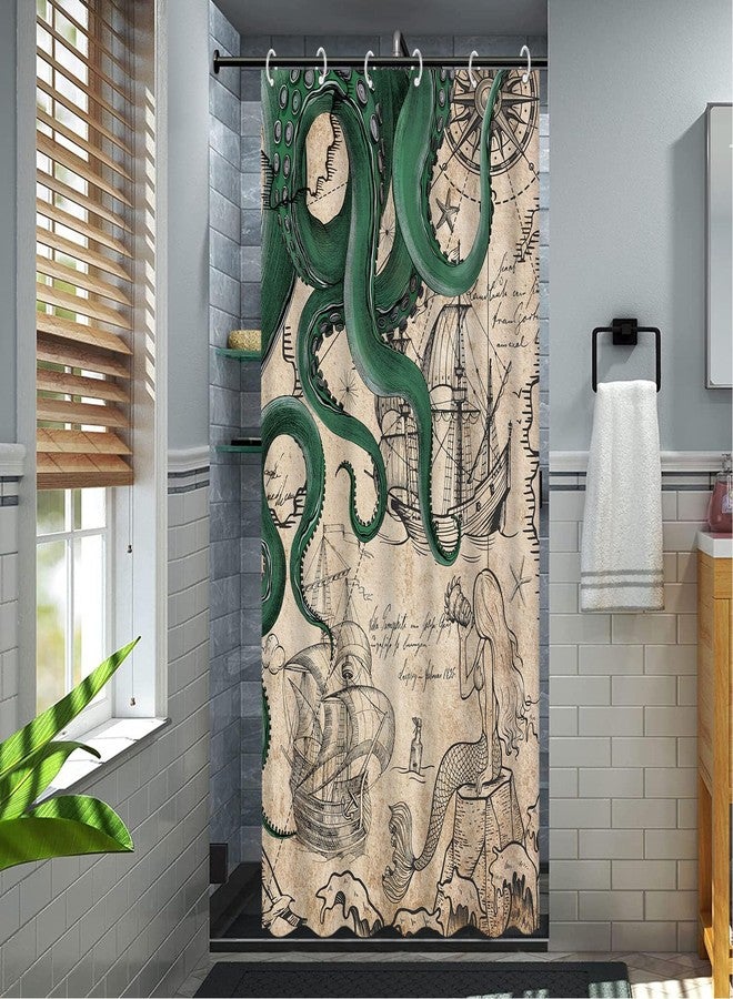 Fungarth Stall Vintage Green Nautical Octopus Shower Curtain Mermaid Funny Ocean Kraken Shower Curtains for Bathroom Cool Anchor Coastal Map Waterproof Fabric Bath Curtain Decor (Retro2, 36” x 72”) - Image 3