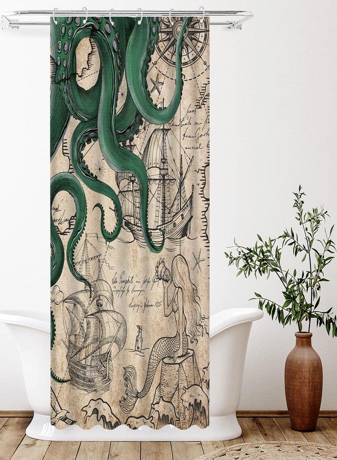 Fungarth Stall Vintage Green Nautical Octopus Shower Curtain Mermaid Funny Ocean Kraken Shower Curtains for Bathroom Cool Anchor Coastal Map Waterproof Fabric Bath Curtain Decor (Retro2, 36” x 72”) - Image 2