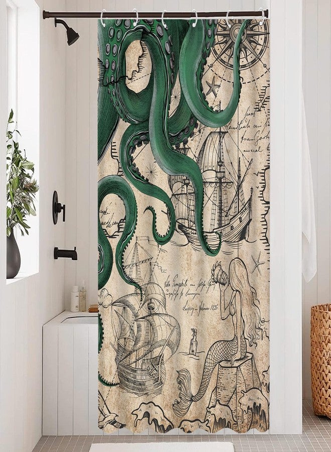 Fungarth Stall Vintage Green Nautical Octopus Shower Curtain Mermaid Funny Ocean Kraken Shower Curtains for Bathroom Cool Anchor Coastal Map Waterproof Fabric Bath Curtain Decor (Retro2, 36” x 72”) - Image 1
