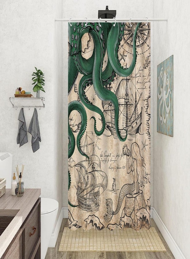 Fungarth Stall Vintage Green Nautical Octopus Shower Curtain Mermaid Funny Ocean Kraken Shower Curtains for Bathroom Cool Anchor Coastal Map Waterproof Fabric Bath Curtain Decor (Retro2, 36” x 72”) - Image 4