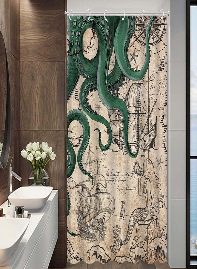 Fungarth Stall Vintage Green Nautical Octopus Shower Curtain Mermaid Funny Ocean Kraken Shower Curtains for Bathroom Cool Anchor Coastal Map Waterproof Fabric Bath Curtain Decor (Retro2, 36” x 72”) - Image 5