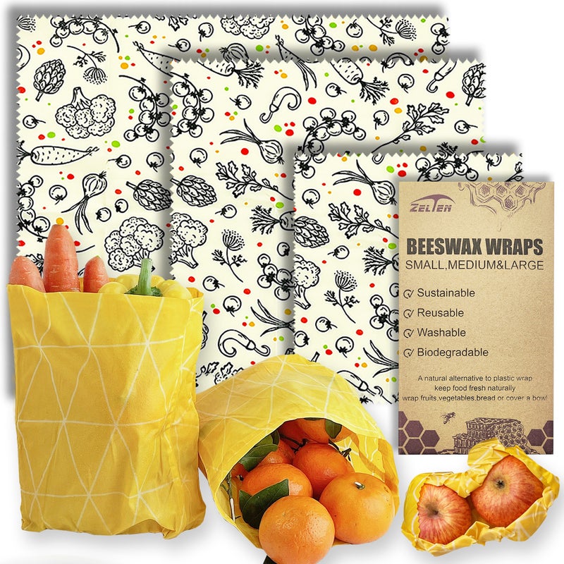 Zelten Beeswax Reusable Food Wraps - (3 Packs, 3 Sizes S,M,L) Plastic and Silicone Free, Eco-friendly Wrap, Wax Paper for Food,Vegetable - Image 1