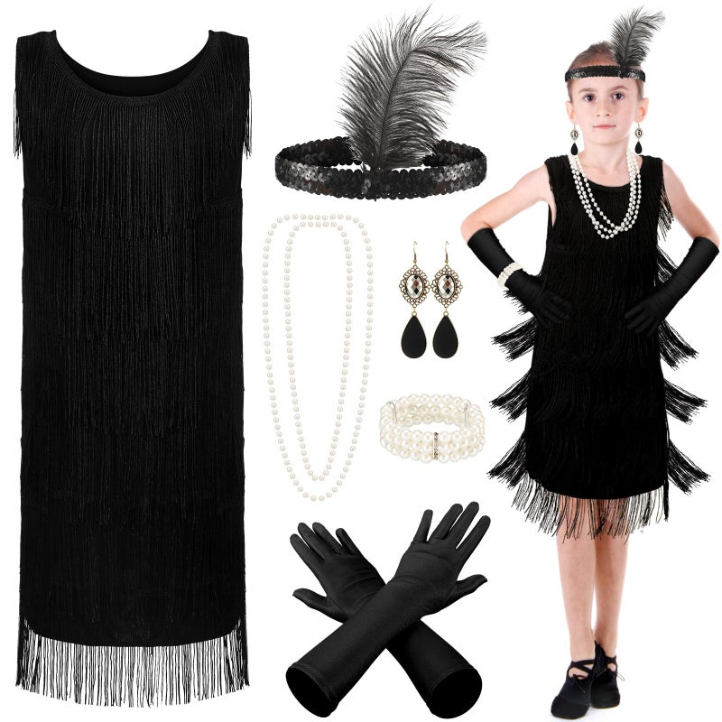 Xaatren 6 Pcs Girls 1920s Flapper Dresses Costume Set Roaring 20s Gifts Accessories Kids Birthday PartyLarge - Image 3