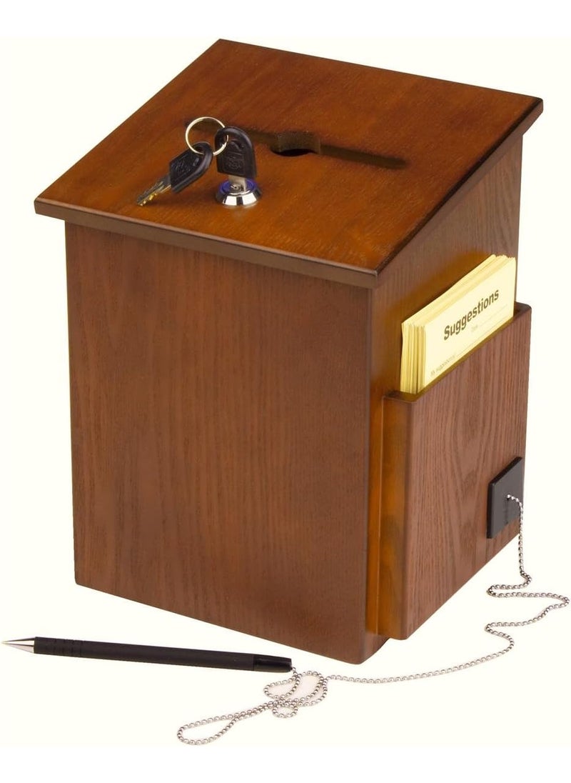 Displays2go Wood Suggestion Box Ballot Box with Side Pocket Locking Hinged Lid and Pen for Wall or Counter  Medium Oak Ballots Not Included  - Image 2