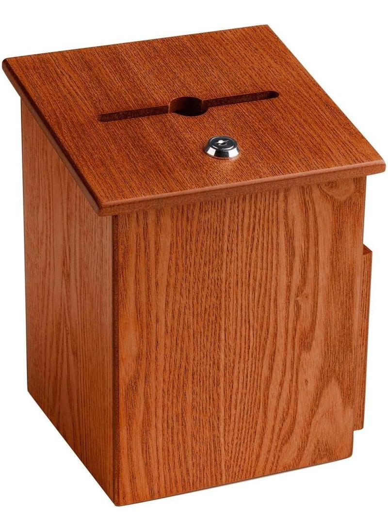 Displays2go Wood Suggestion Box Ballot Box with Side Pocket Locking Hinged Lid and Pen for Wall or Counter  Medium Oak Ballots Not Included  - Image 1