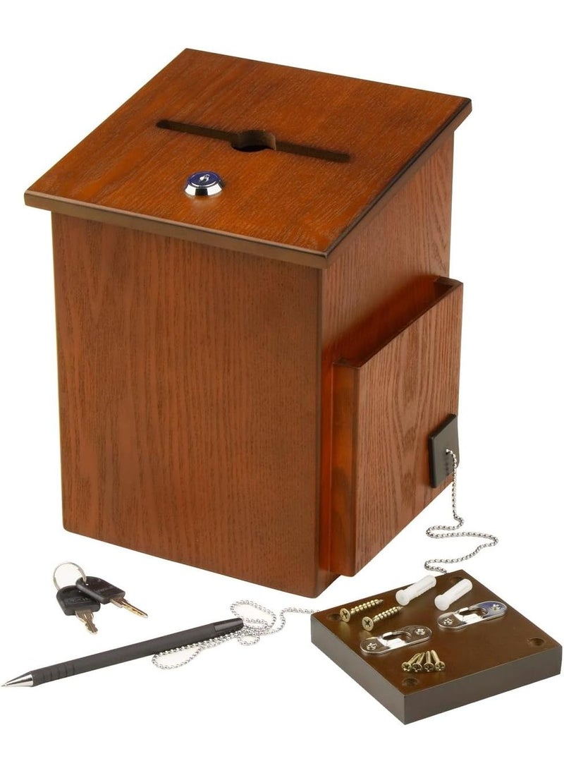 Displays2go Wood Suggestion Box Ballot Box with Side Pocket Locking Hinged Lid and Pen for Wall or Counter  Medium Oak Ballots Not Included  - Image 3