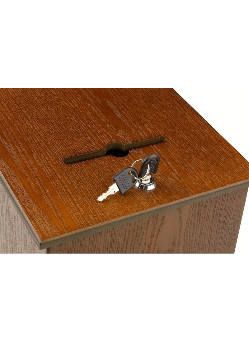 Displays2go Wood Suggestion Box Ballot Box with Side Pocket Locking Hinged Lid and Pen for Wall or Counter  Medium Oak Ballots Not Included  - Image 5