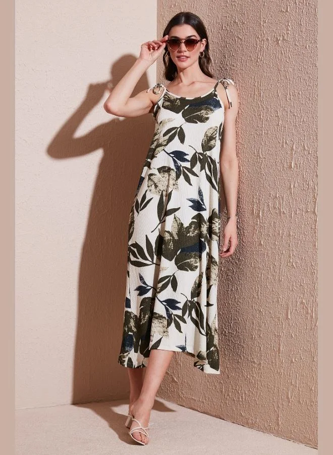 Lela Lela Patterned Oversize Fit Tied Rope Strap Round Neck Midi Length Dress Women's DRESS 5869022