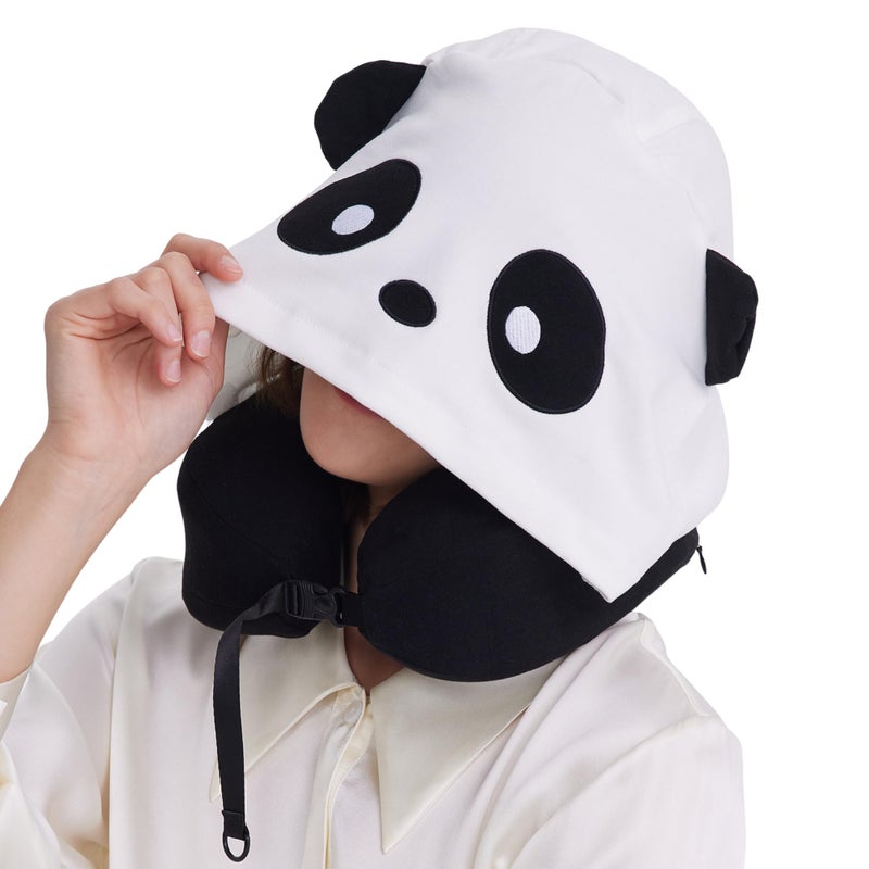 ALLINCOZY PrivacyFriendly Hooded Travel Pillow for Kids Adults SensoryFriendly Memory Foam Neck Support for Airplane Car Train Breathable Fabric Portable Ultimate Comfort Panda - Image 2