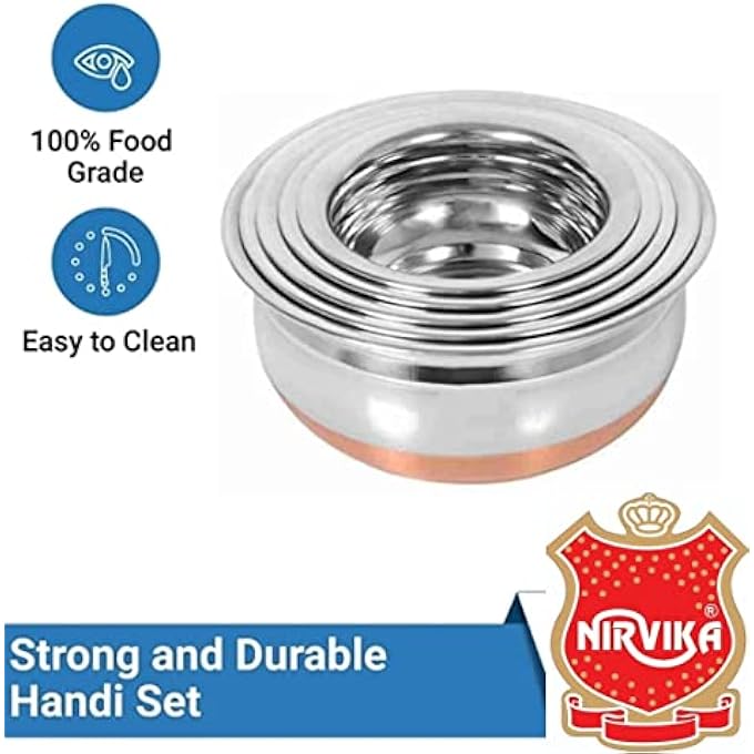 Nirvika Steel Handi Set 5Pc Pcs Piece Mirror Satin Copper Bottom Milk Pot PanBiryani TopePunjabi PateliTapeliCookware Set Of 5 Pieces Size 1500 L1200 L1000 L0800 L0500 L Urli1500Ml - Image 4