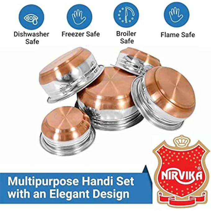 Nirvika Steel Handi Set 5Pc Pcs Piece Mirror Satin Copper Bottom Milk Pot PanBiryani TopePunjabi PateliTapeliCookware Set Of 5 Pieces Size 1500 L1200 L1000 L0800 L0500 L Urli1500Ml - Image 5