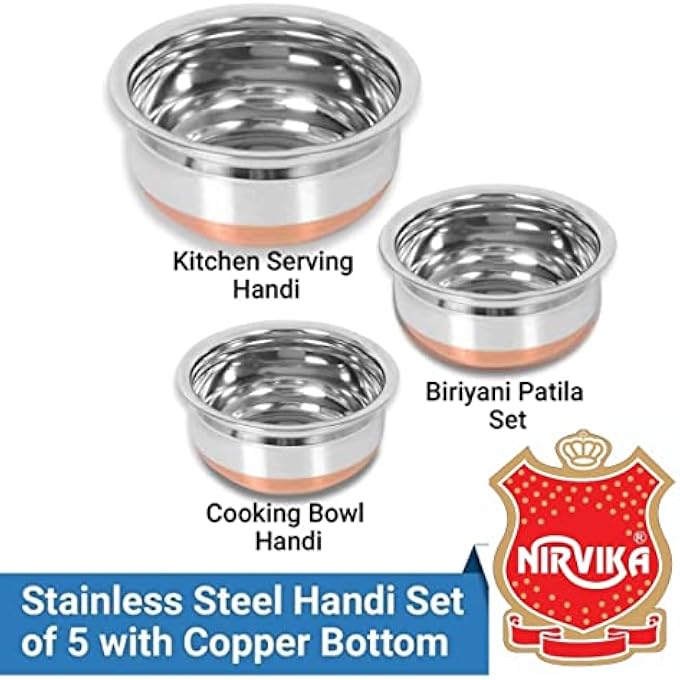 Nirvika Steel Handi Set 5Pc Pcs Piece Mirror Satin Copper Bottom Milk Pot PanBiryani TopePunjabi PateliTapeliCookware Set Of 5 Pieces Size 1500 L1200 L1000 L0800 L0500 L Urli1500Ml - Image 3