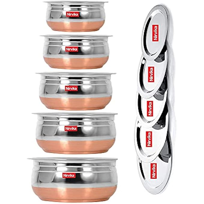 Nirvika Steel Handi Set 5Pc Pcs Piece Mirror Satin Copper Bottom Milk Pot PanBiryani TopePunjabi PateliTapeliCookware Set Of 5 Pieces Size 1500 L1200 L1000 L0800 L0500 L Urli1500Ml - Image 2