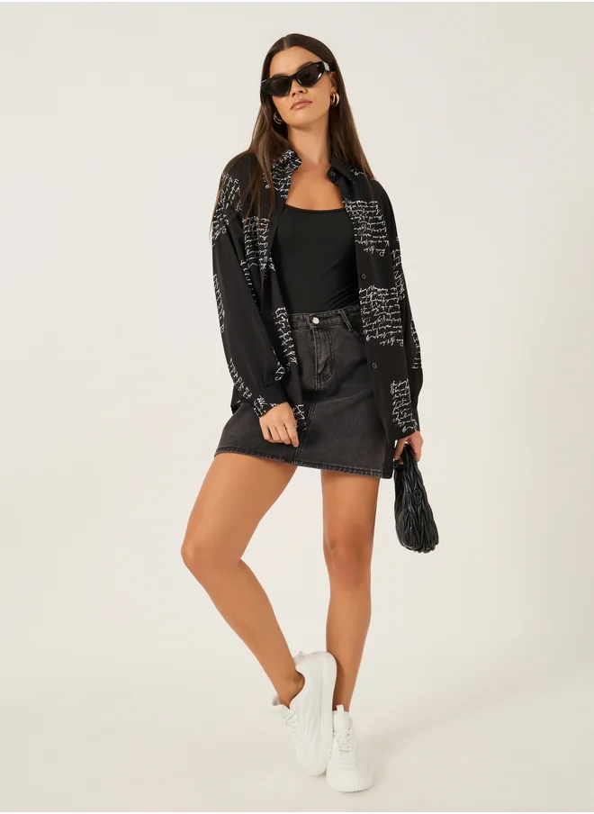 Styli Printed Spread Collar Oversized Shirt