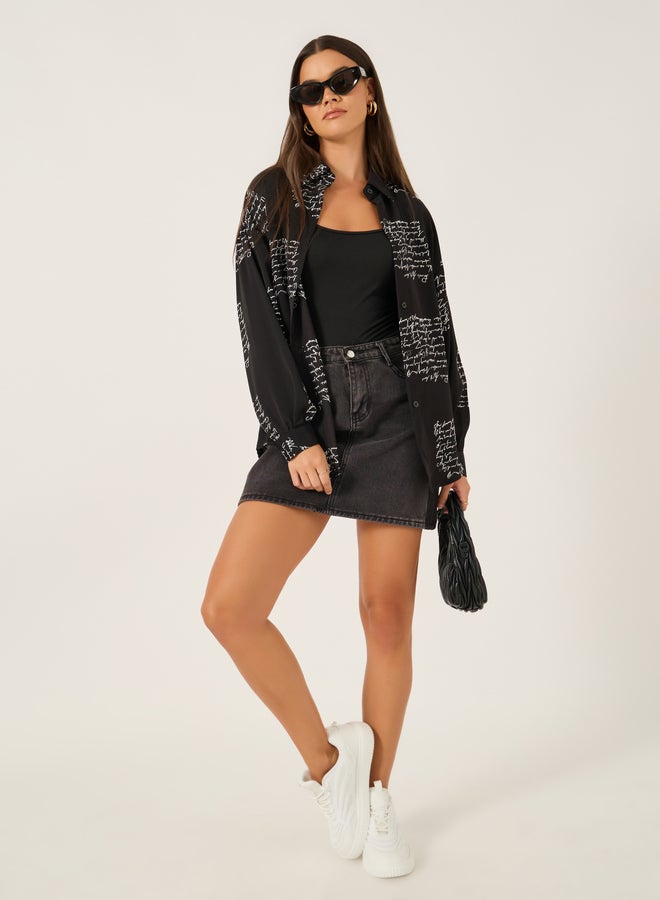 Styli Printed Spread Collar Oversized Shirt  - Image 2