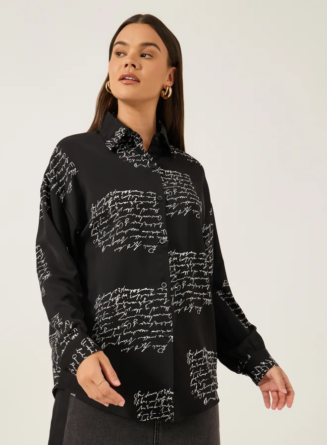 Styli Printed Spread Collar Oversized Shirt