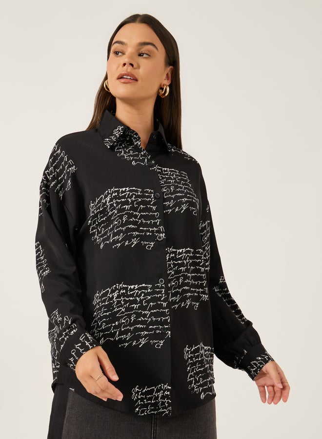 Styli Printed Spread Collar Oversized Shirt  - Image 3