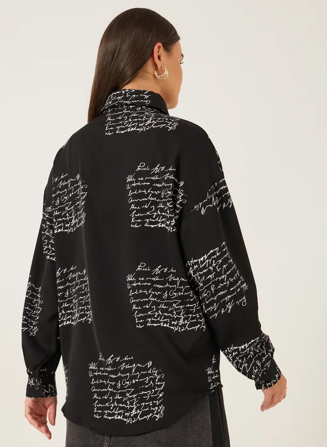 Styli Printed Spread Collar Oversized Shirt