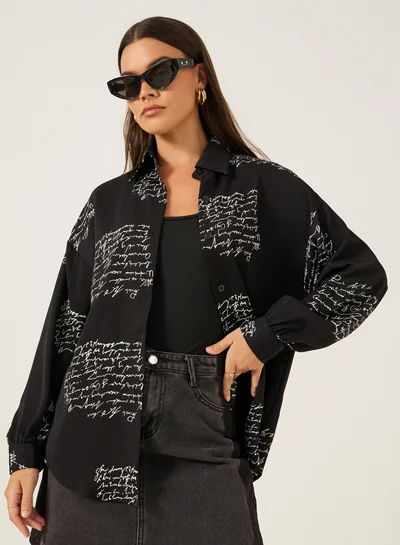 Styli Printed Spread Collar Oversized Shirt