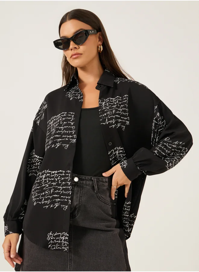 Styli Printed Spread Collar Oversized Shirt