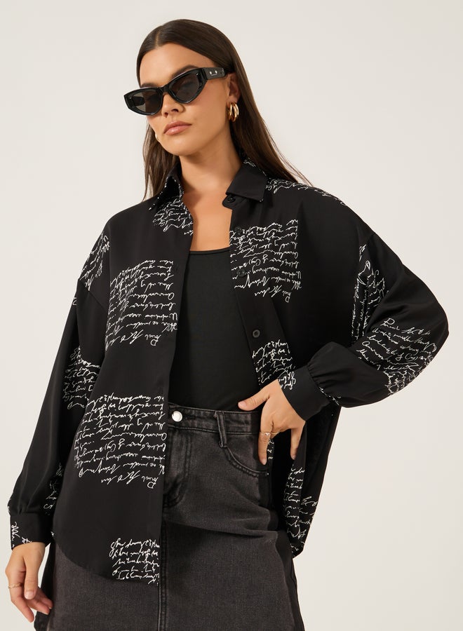 Styli Printed Spread Collar Oversized Shirt  - Image 1