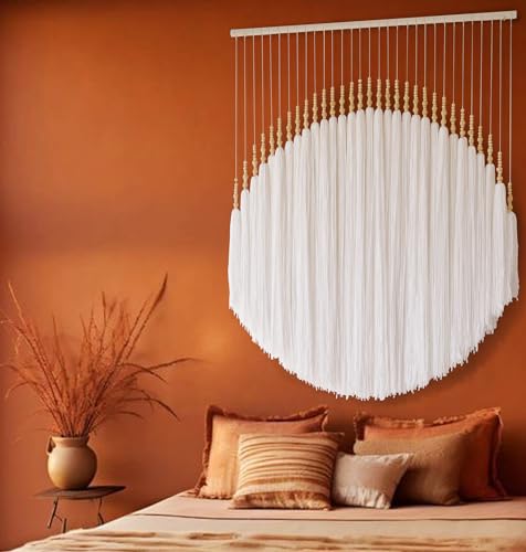 IOWER Boho Wall Decor Yarn Wall Hanging Macrame Wall Hanging Fiber Wall Art White Beads Tassel Wall Decor Boho Chic Home Decor 39 W x 55 L - Image 1