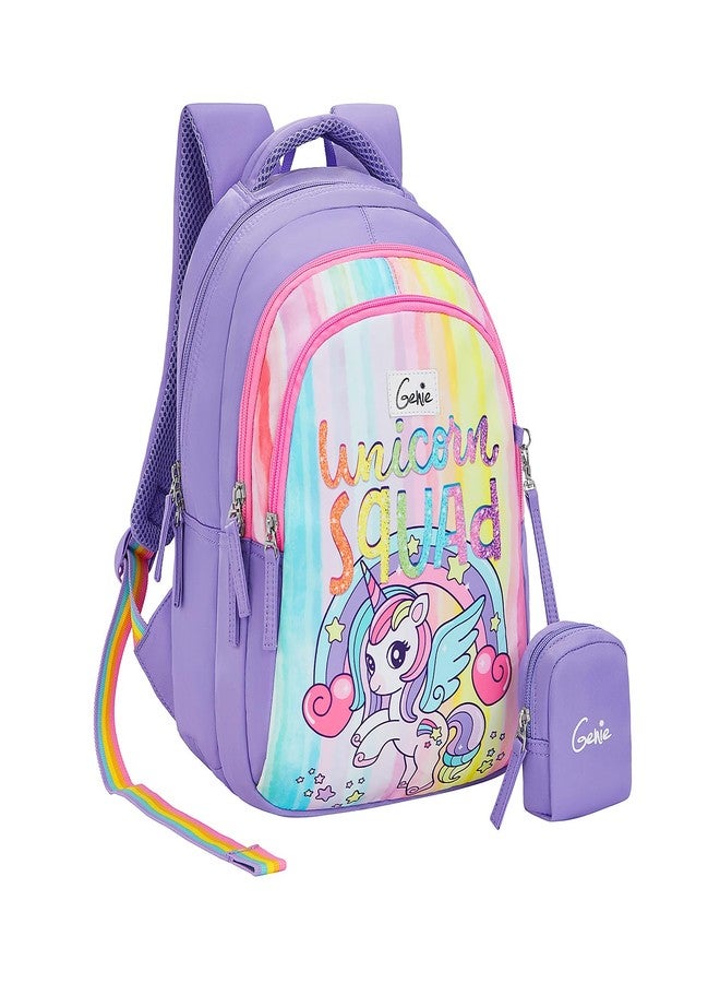 Genie Unicorn Squad School Backpack for Girls |15 In-20 Ltr with Three Compartments,Side Pockets and Light Weight with Padded Shoulders |Best for Books,Stationery,Lunch Box & Essentials - lavender - Image 2