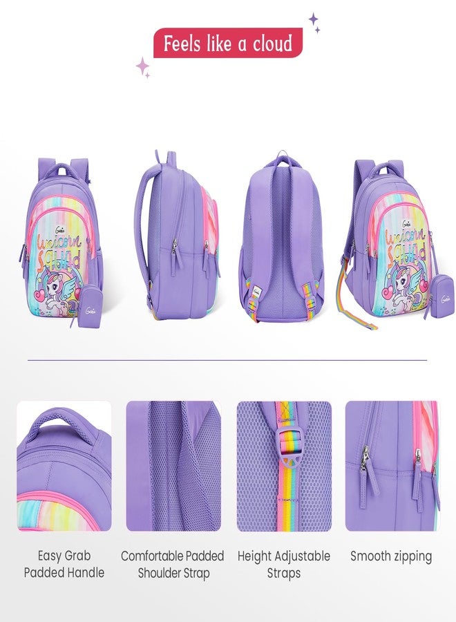 Genie Unicorn Squad School Backpack for Girls |15 In-20 Ltr with Three Compartments,Side Pockets and Light Weight with Padded Shoulders |Best for Books,Stationery,Lunch Box & Essentials - lavender - Image 4