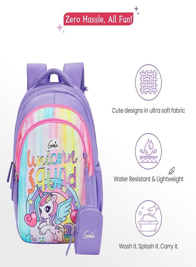 Genie Unicorn Squad School Backpack for Girls |15 In-20 Ltr with Three Compartments,Side Pockets and Light Weight with Padded Shoulders |Best for Books,Stationery,Lunch Box & Essentials - lavender - Image 5