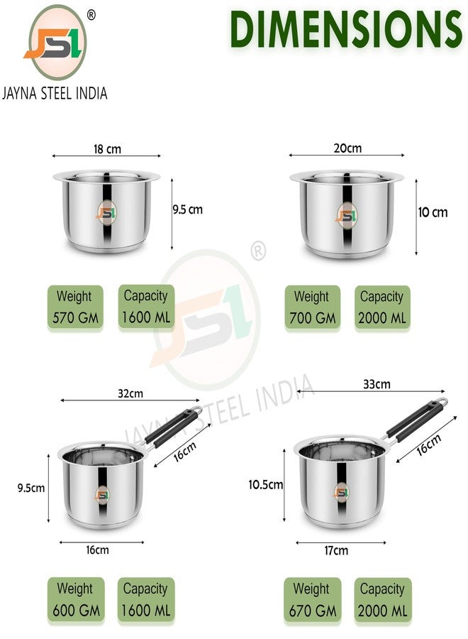 JSI 304 Stainless Steel triply Base Cookware Set of 4 Pcs; Milk Pan/Tope/Patila & Tea Pan/Saucepan/Pot Pan Set - Heavy Bottom Induction Base Cookware for Kitchen - Durable & Food Safe (1600-2000 ML) - Image 3