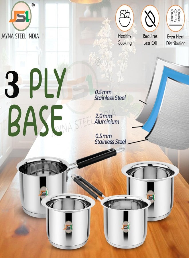 JSI 304 Stainless Steel triply Base Cookware Set of 4 Pcs; Milk Pan/Tope/Patila & Tea Pan/Saucepan/Pot Pan Set - Heavy Bottom Induction Base Cookware for Kitchen - Durable & Food Safe (1600-2000 ML) - Image 5