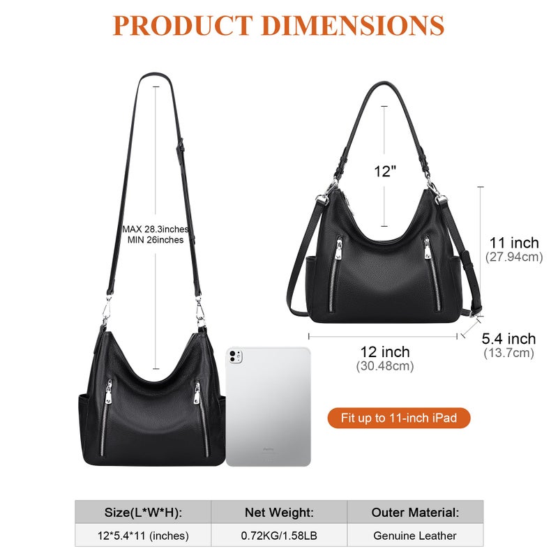 Over Earth Genuine Leather Purses for Women Medium Hobo Bag Lady Crossbody Handbags with 2 Detachable Straps(O150E UG Black) - Image 5