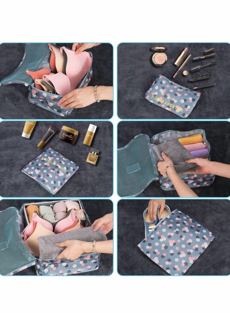 Packing Cubes for Travel, 6 Pcs Travel Cubes Suitcase Organiser Bags Travel Organiser Packing Bags for Shoes Clothes Storage Bags (Blue Flower)