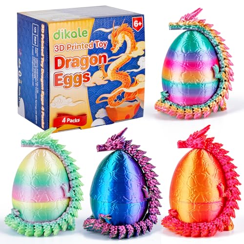 dikale 4 Packs 3D Printed Dragon Eggs with Articulated Dragon Inside Fidget Toys for Kids Adults Easter Christmas Stocking Stuffers Tabletop Fun Decoration Silk Luminous Rainbow Color Included - Image 1