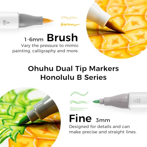 Ohuhu Alcohol Markers Brush Tip, AP Certificated 24 Basic Colors Double Tipped Alcohol Based Art Marker Set for Artist Sketching Adult Coloring Illustration - Brush and Fine Dual Tips - Honolulu B - Image 2