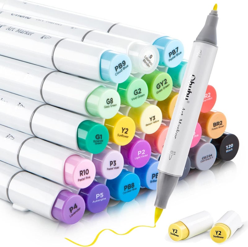 Ohuhu Alcohol Markers Brush Tip, AP Certificated 24 Basic Colors Double Tipped Alcohol Based Art Marker Set for Artist Sketching Adult Coloring Illustration - Brush and Fine Dual Tips - Honolulu B - Image 1