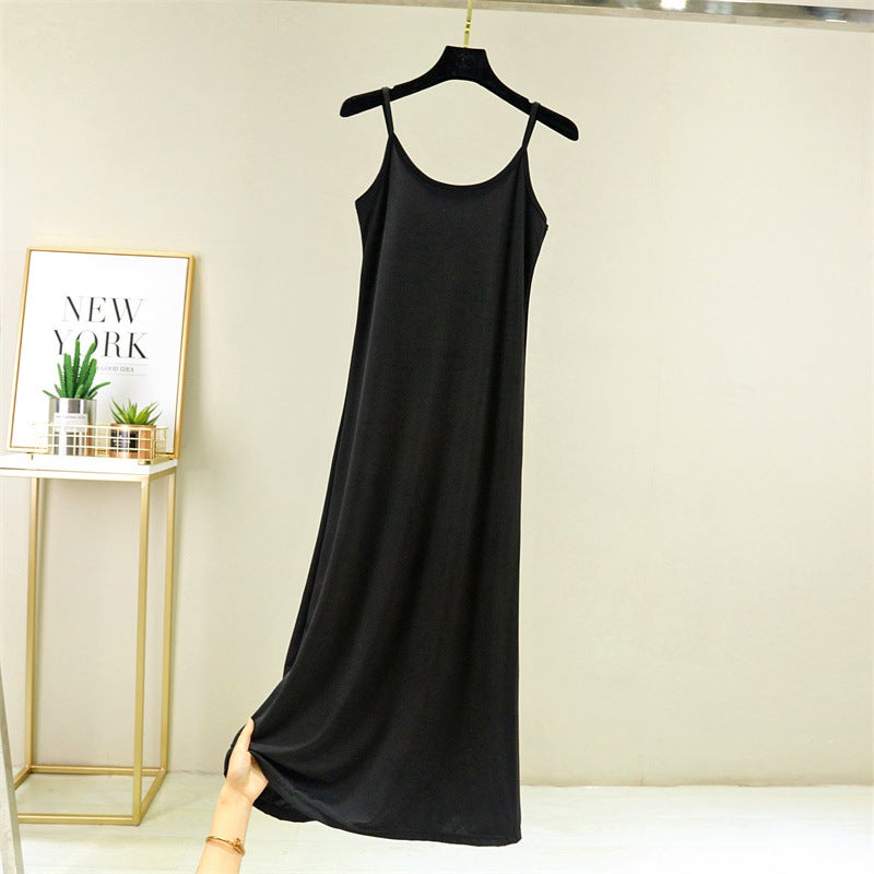 Ice Silk suspender skirt womens summer underskirt plus size chubby girl high waist slimming dress loose long skirt Black Long