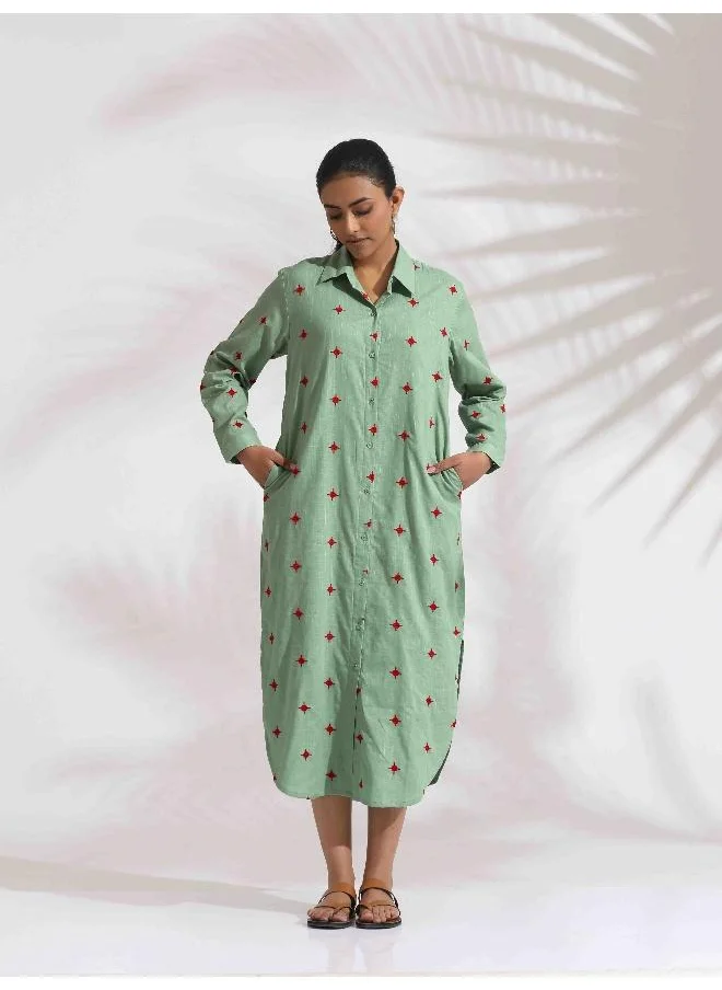ترو برونز trueBrowns Green Cotton Embroidered Shirt Dress