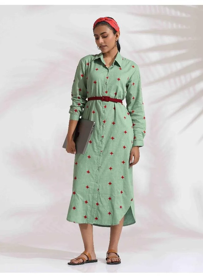 ترو برونز trueBrowns Green Cotton Embroidered Shirt Dress
