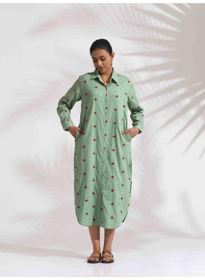 ترو برونز trueBrowns Green Cotton Embroidered Shirt Dress  - Image 2