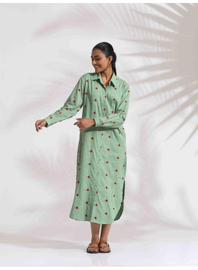 ترو برونز trueBrowns Green Cotton Embroidered Shirt Dress  - Image 3