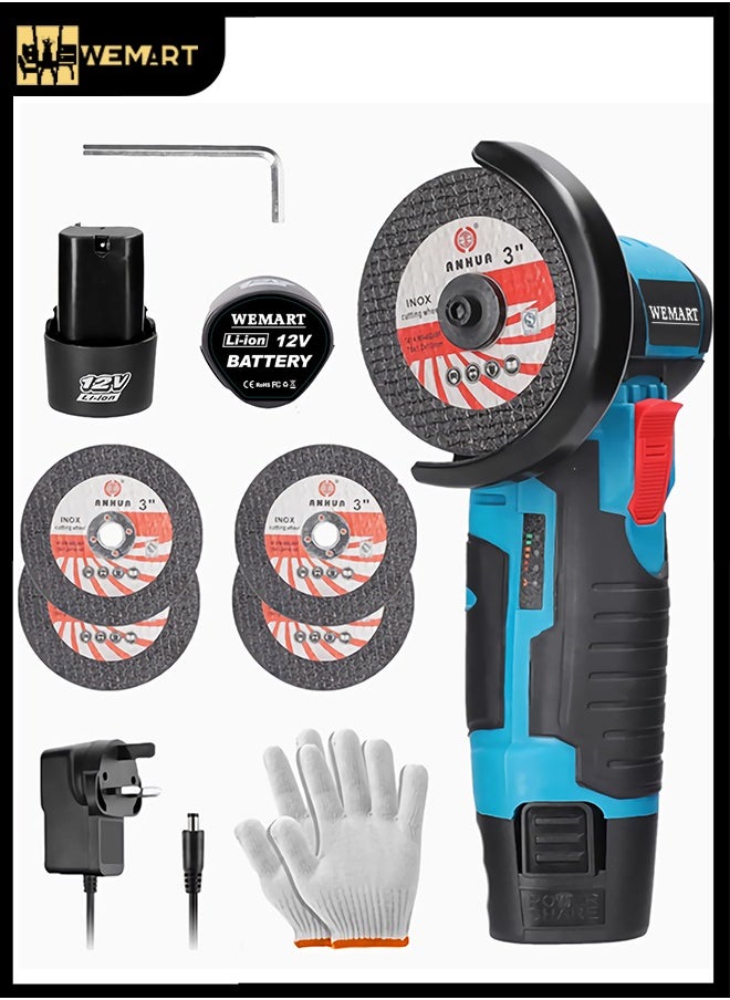 WEMART Angle Grinder,Cordless Grinder,Grinding Wheel 3 inches/76 mm,19500rpm Power Tool,Grinder Tool,Handheld Cutter Comes with 2 12V batteries and Gloves、4 cutting discs  - Image 1